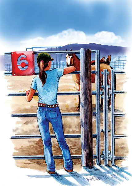 An illustration of a young girl at an equine auction.