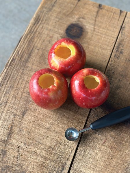 Carved out apples in preparation for this DIY apple horse treat