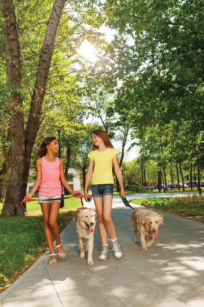 Two girls working at their dog-walking service, which is a way for them to earn and save money for horses