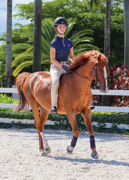 A young equestrian cantering without a saddle.